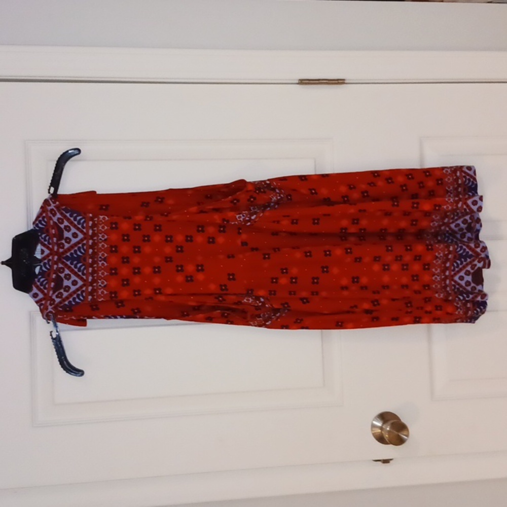 Free People "Scarlet" bohemian tunic blouse v neck button - L - orange/navy - Picture 7 of 12